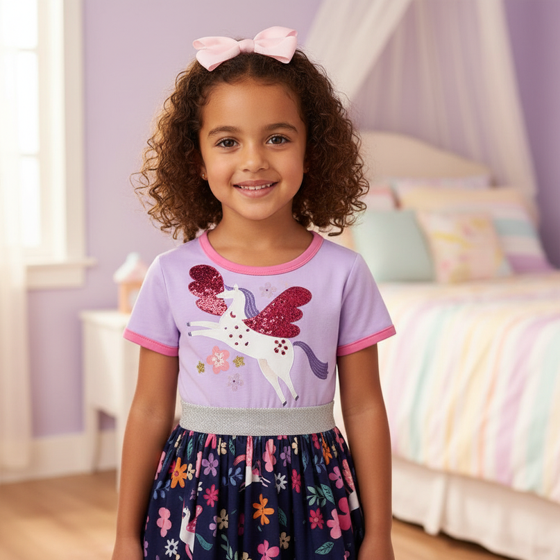 unicorn floral cartoon casual dress - detail