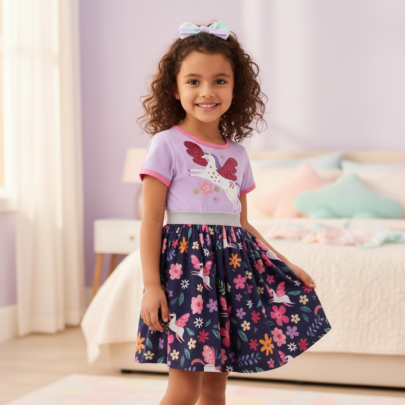 unicorn floral cartoon casual dress - front