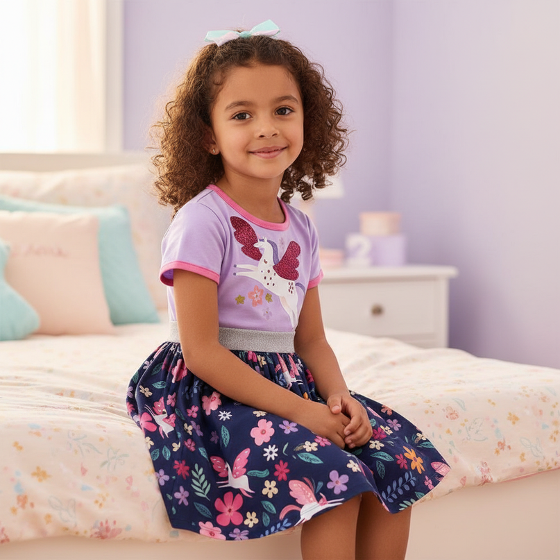 unicorn floral cartoon casual dress - sitting