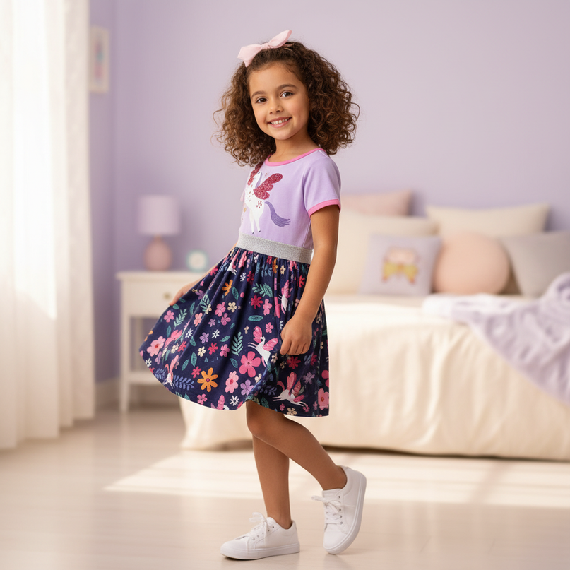 unicorn floral cartoon casual dress - three-quarter