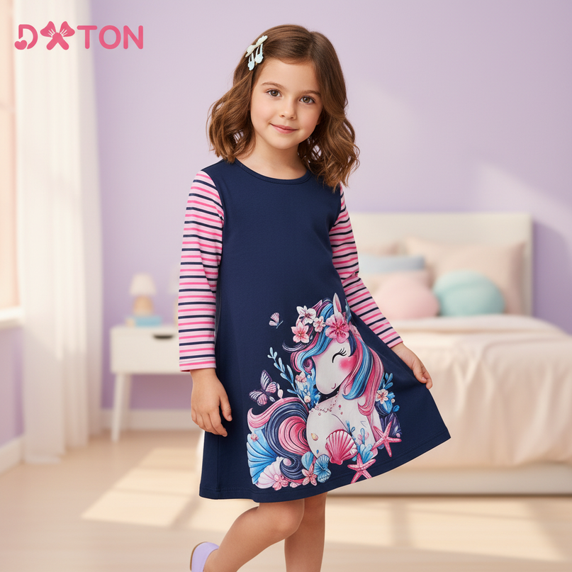 unicorn floral long sleeve dress girls - front