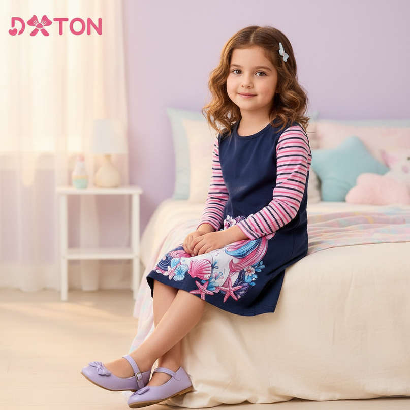 unicorn floral long sleeve dress girls - sitting