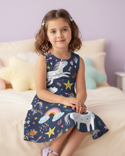 unicorn floral print dress girls - sitting