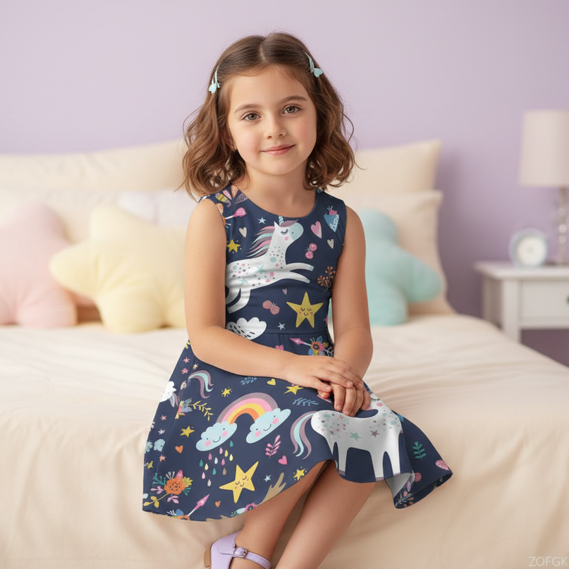 unicorn floral print dress girls - sitting