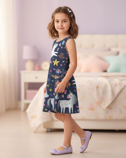 unicorn floral print dress girls - three-quarter