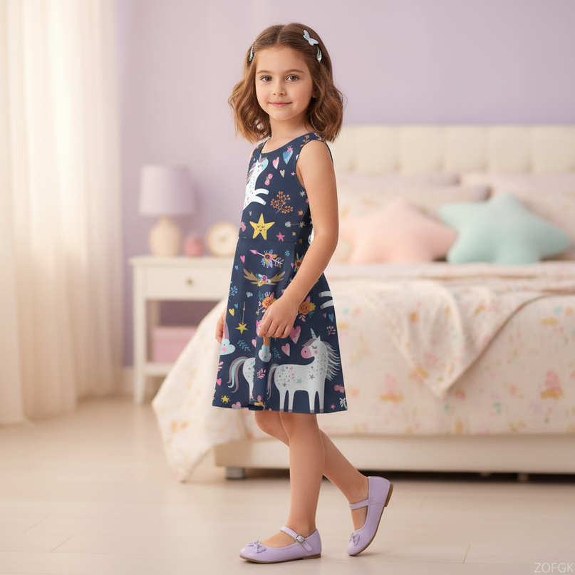unicorn floral print dress girls - three-quarter