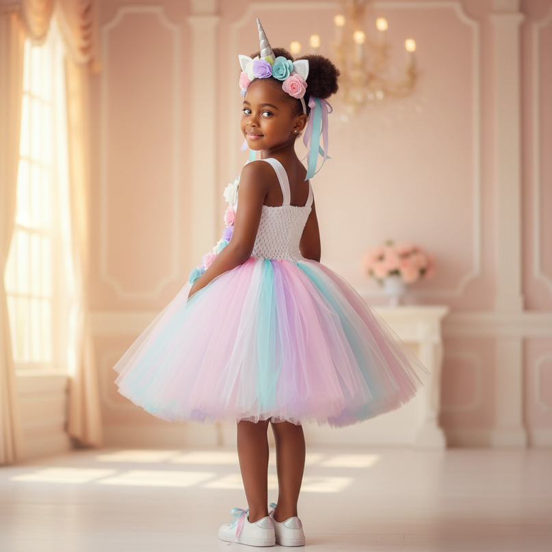 unicorn flower tutu dress with hairbow - back