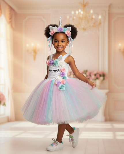 unicorn flower tutu dress with hairbow - front