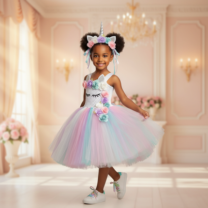 unicorn flower tutu dress with hairbow - front