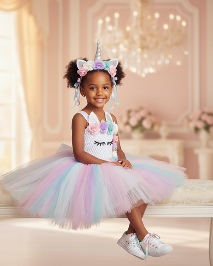 unicorn flower tutu dress with hairbow - sitting
