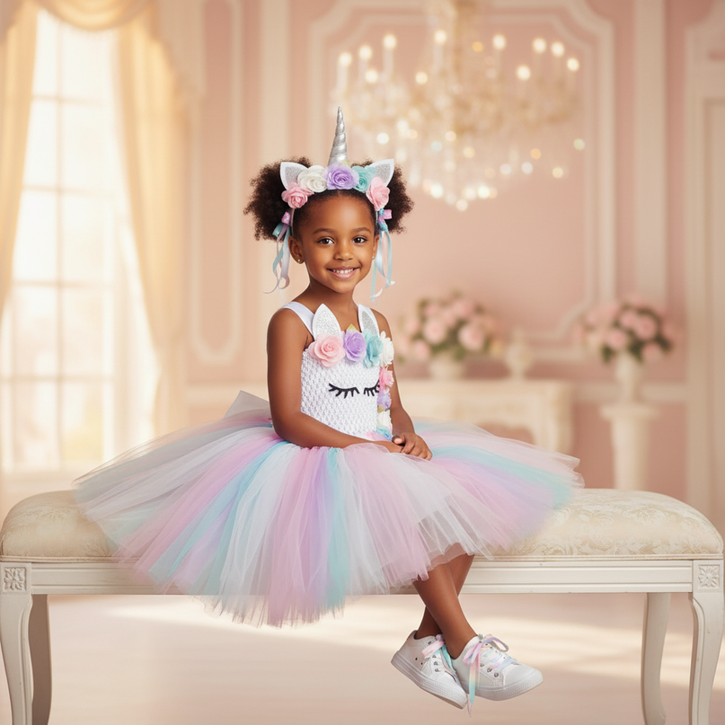 unicorn flower tutu dress with hairbow - sitting