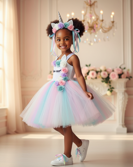 unicorn flower tutu dress with hairbow - three-quarter