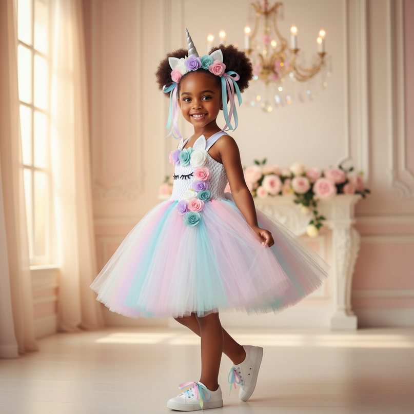 unicorn flower tutu dress with hairbow - three-quarter