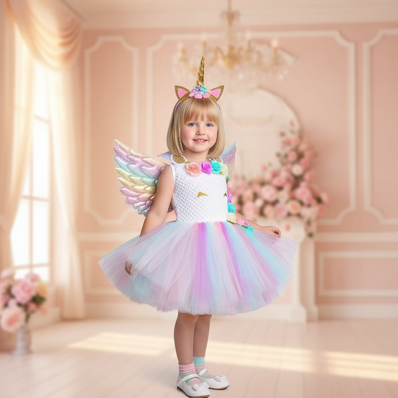 unicorn flower tutu dress with wings - front
