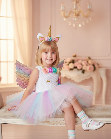 unicorn flower tutu dress with wings - sitting