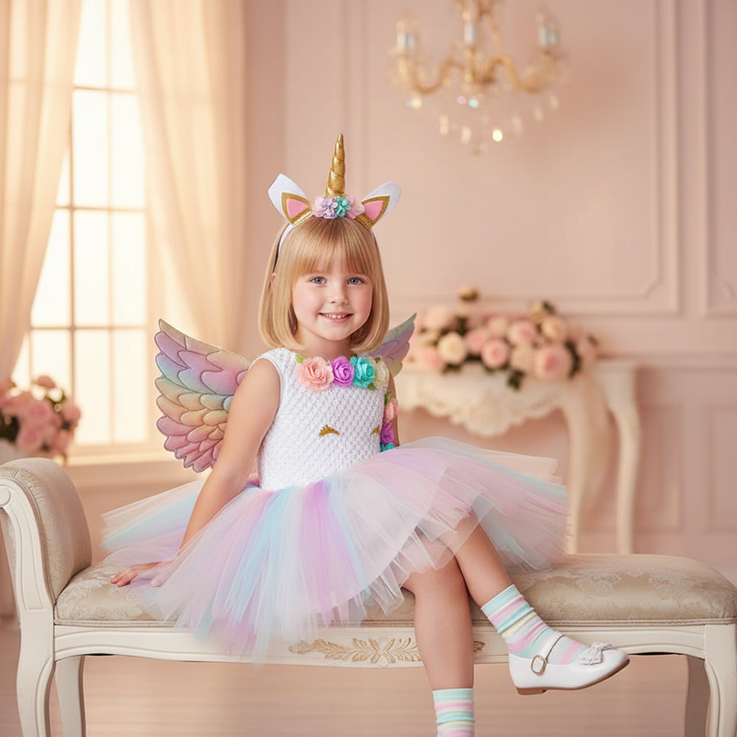 unicorn flower tutu dress with wings - sitting
