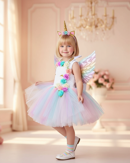 unicorn flower tutu dress with wings - three-quarter