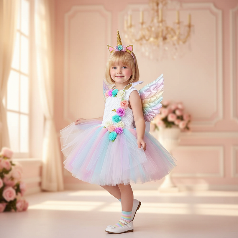 unicorn flower tutu dress with wings - three-quarter