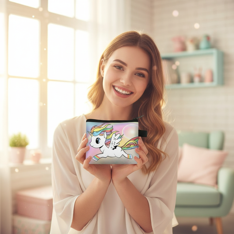unicorn flying print purse - in-use