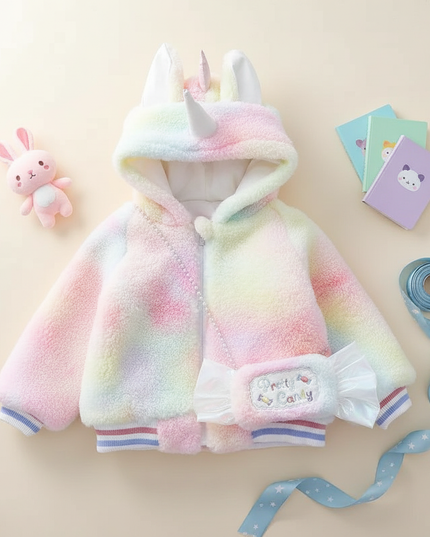 unicorn fur coat - flat-lay