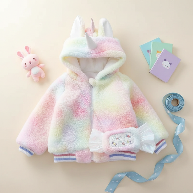 unicorn fur coat - flat-lay