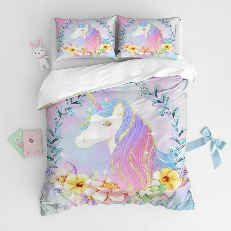 unicorn garden bedding - flat-lay