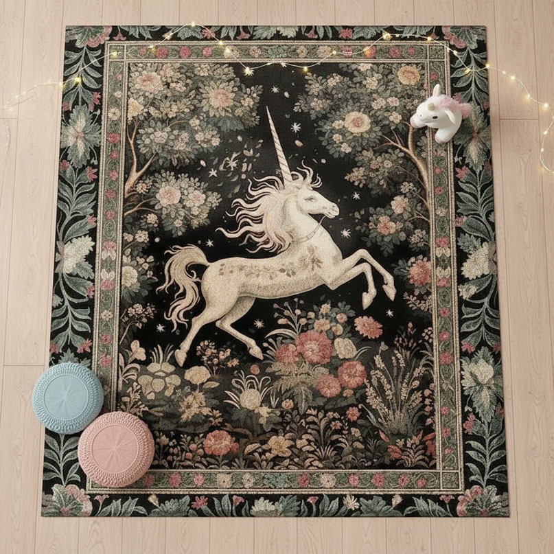 unicorn garden rug - flat-lay