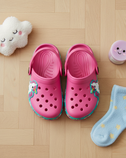 unicorn garden slippers - flat-lay