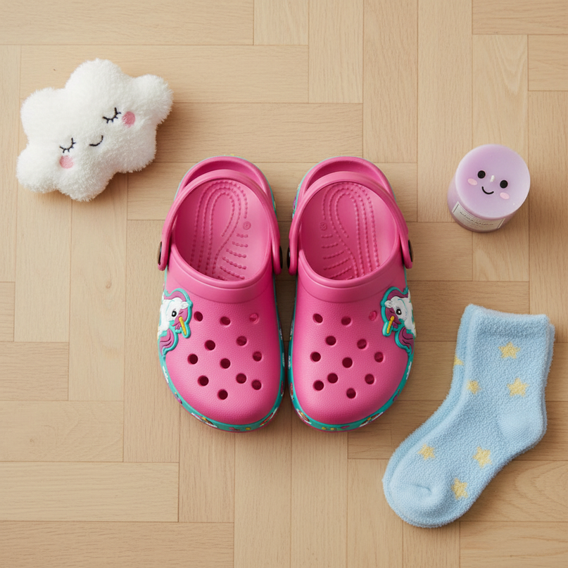 unicorn garden slippers - flat-lay