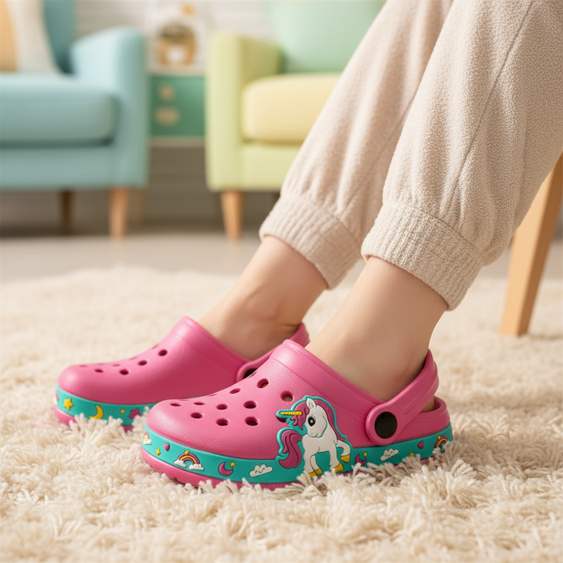 unicorn garden slippers - in-use