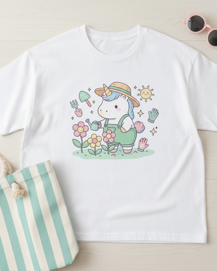 unicorn gardening shirt - flat-lay