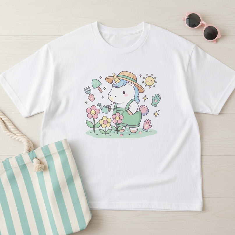 unicorn gardening shirt - flat-lay