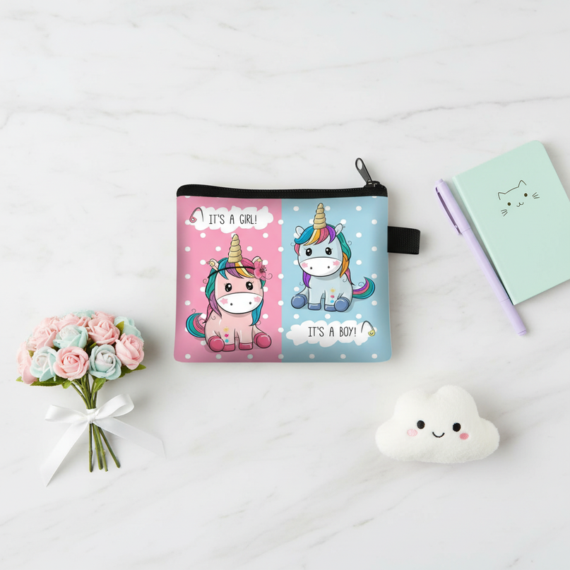 unicorn gender reveal purse - flat-lay