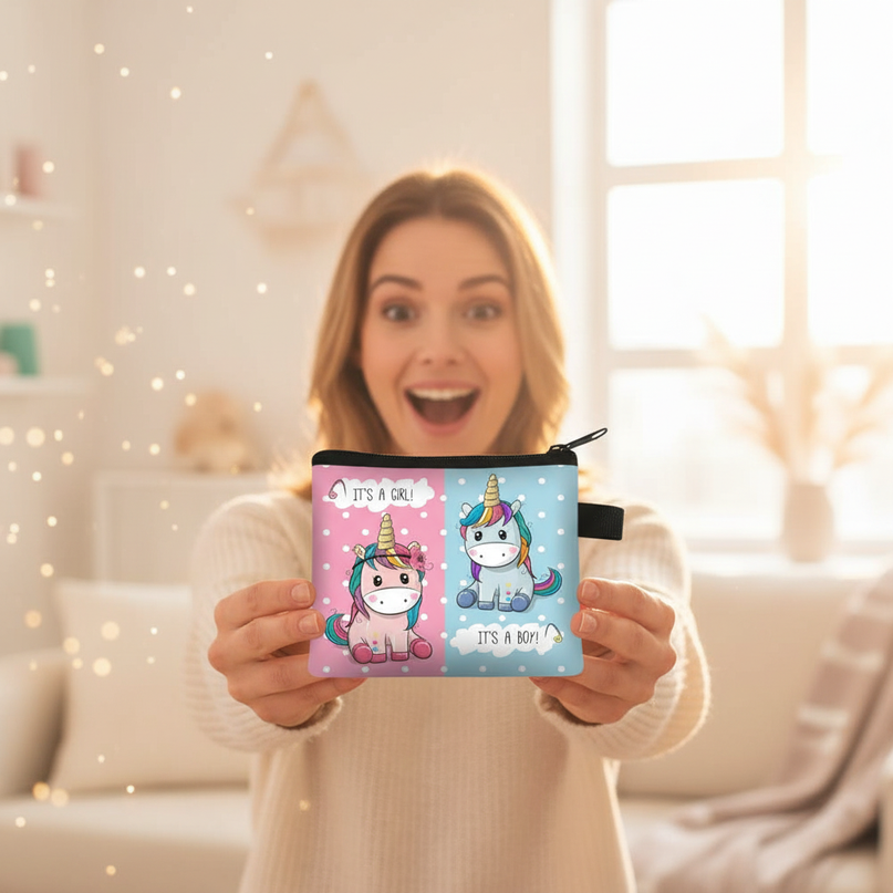 unicorn gender reveal purse - in-use