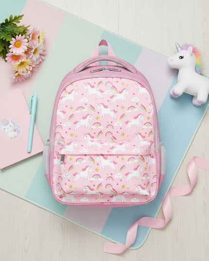 unicorn girls backpack with zipper - flat-lay