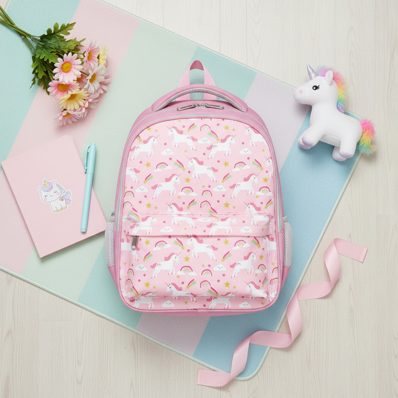 unicorn girls backpack with zipper - flat-lay