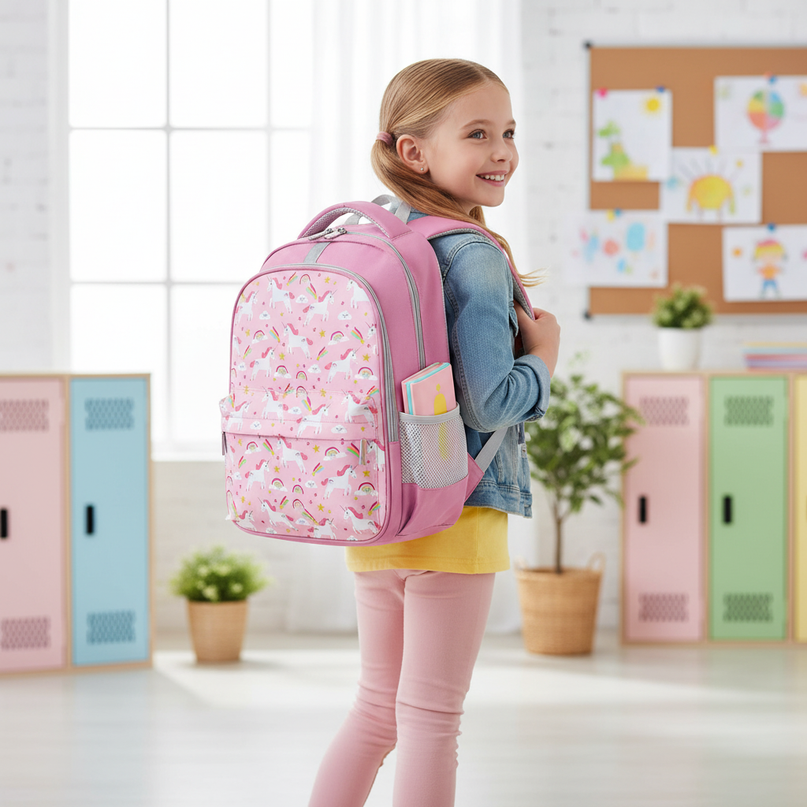 unicorn girls backpack with zipper - in-use