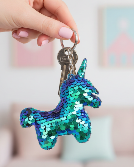 unicorn glitter keychain charm - in-use