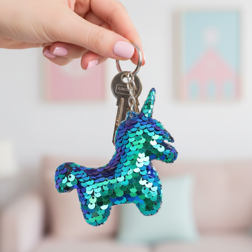 unicorn glitter keychain charm - in-use