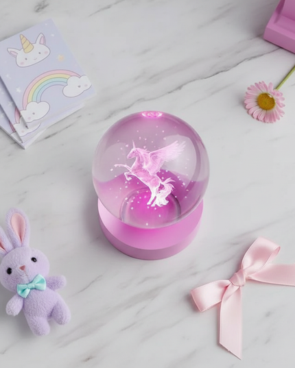 unicorn glitter snow globe - flat-lay