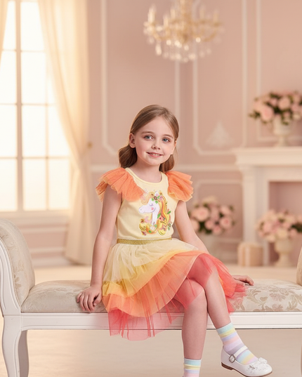 unicorn gradient flare sleeve dress - sitting