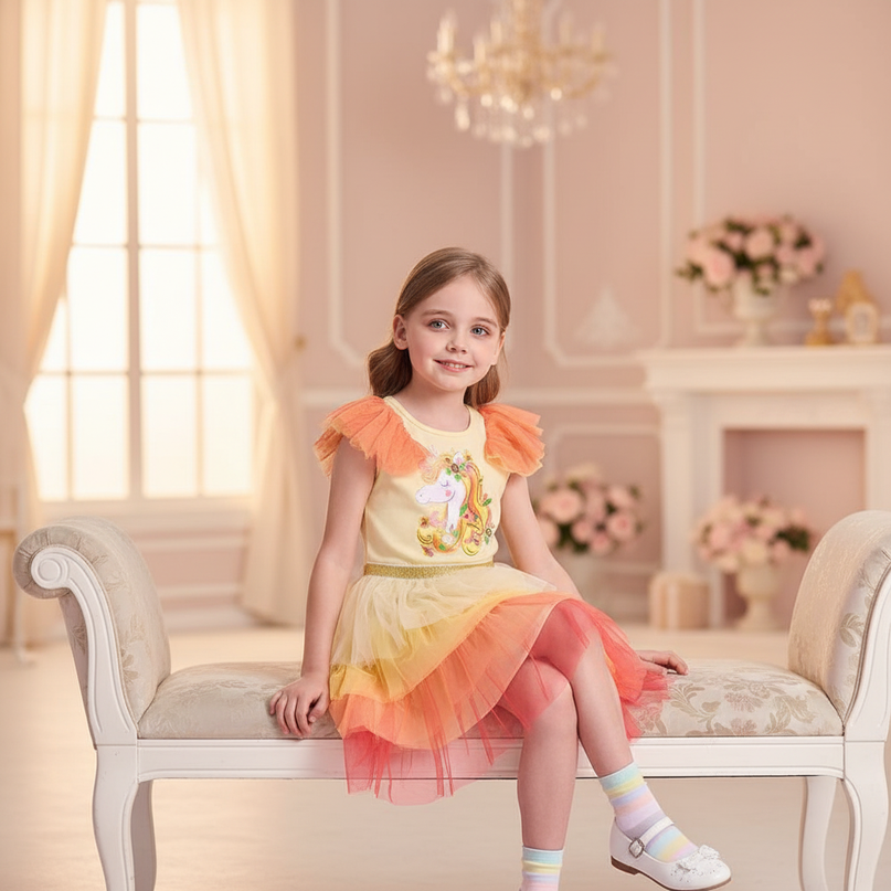 unicorn gradient flare sleeve dress - sitting