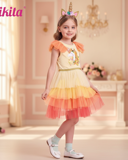 unicorn gradient flare sleeve dress - three-quarter