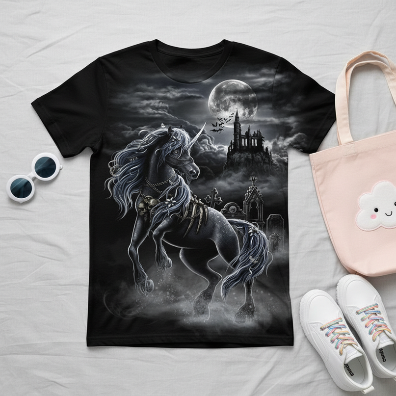 unicorn graphic art shirt - flat-lay