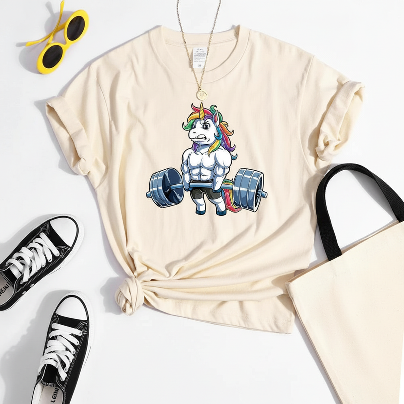 unicorn gym shirt - flat-lay