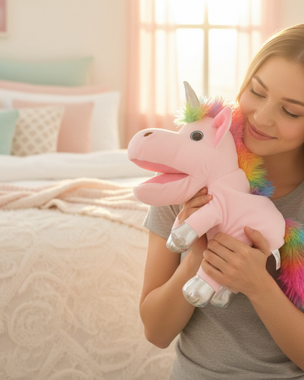 unicorn hand puppet plush - in-use