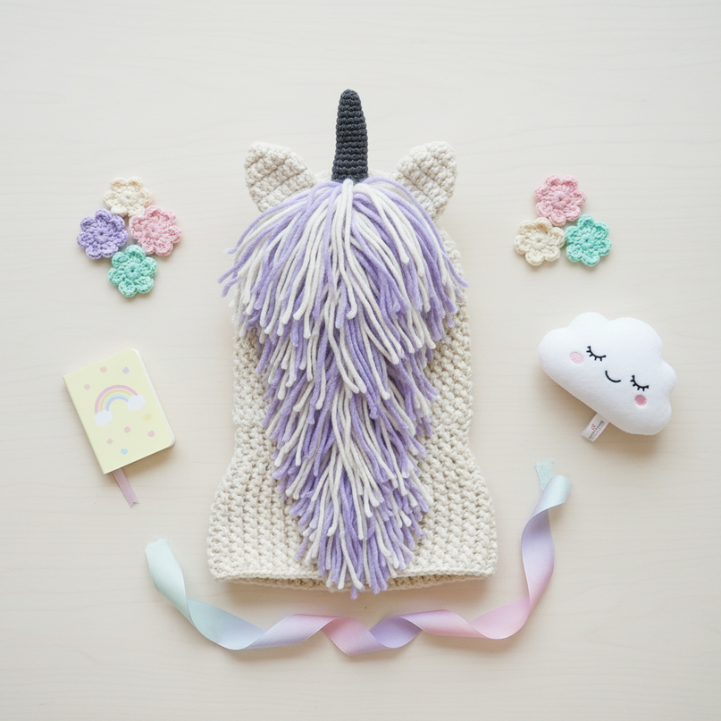 unicorn hat and scarf - flat-lay