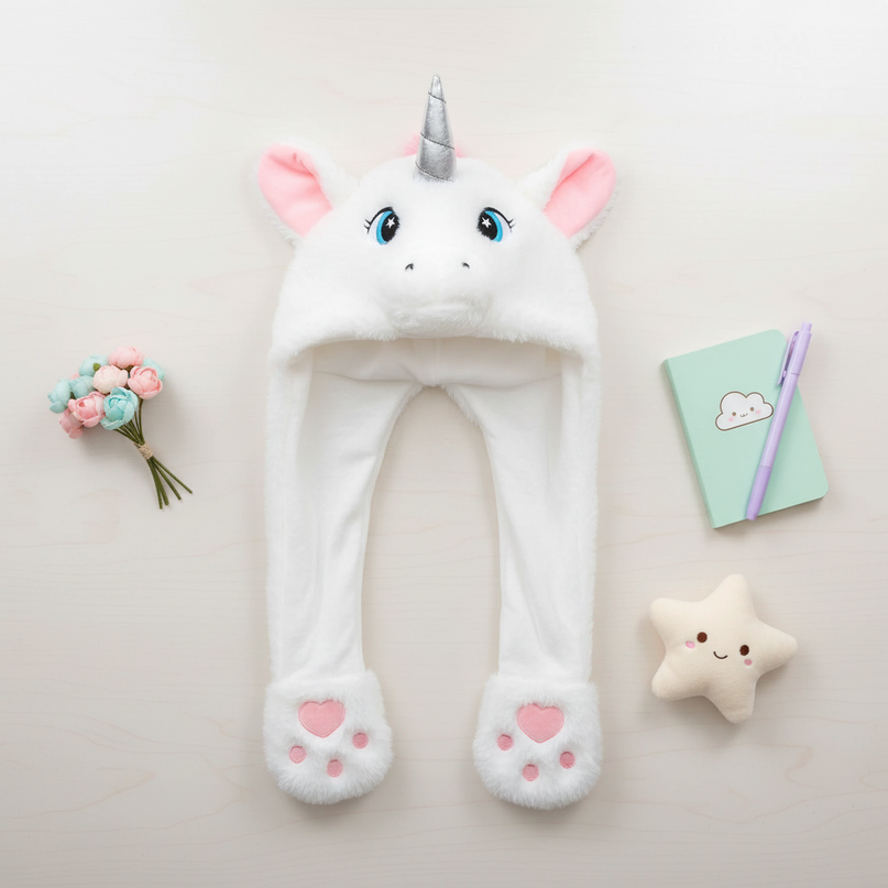 unicorn hat attached mittens - flat-lay