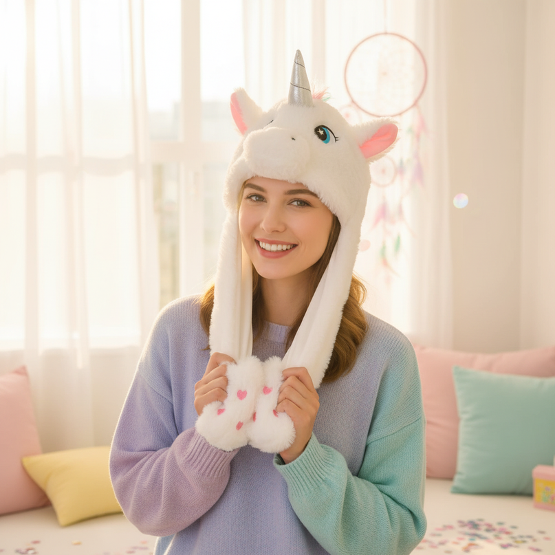 unicorn hat attached mittens - in-use