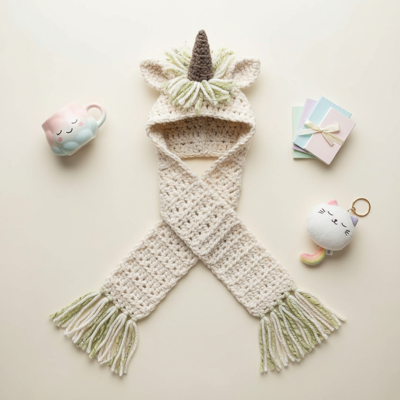 unicorn hat with mittens - flat-lay
